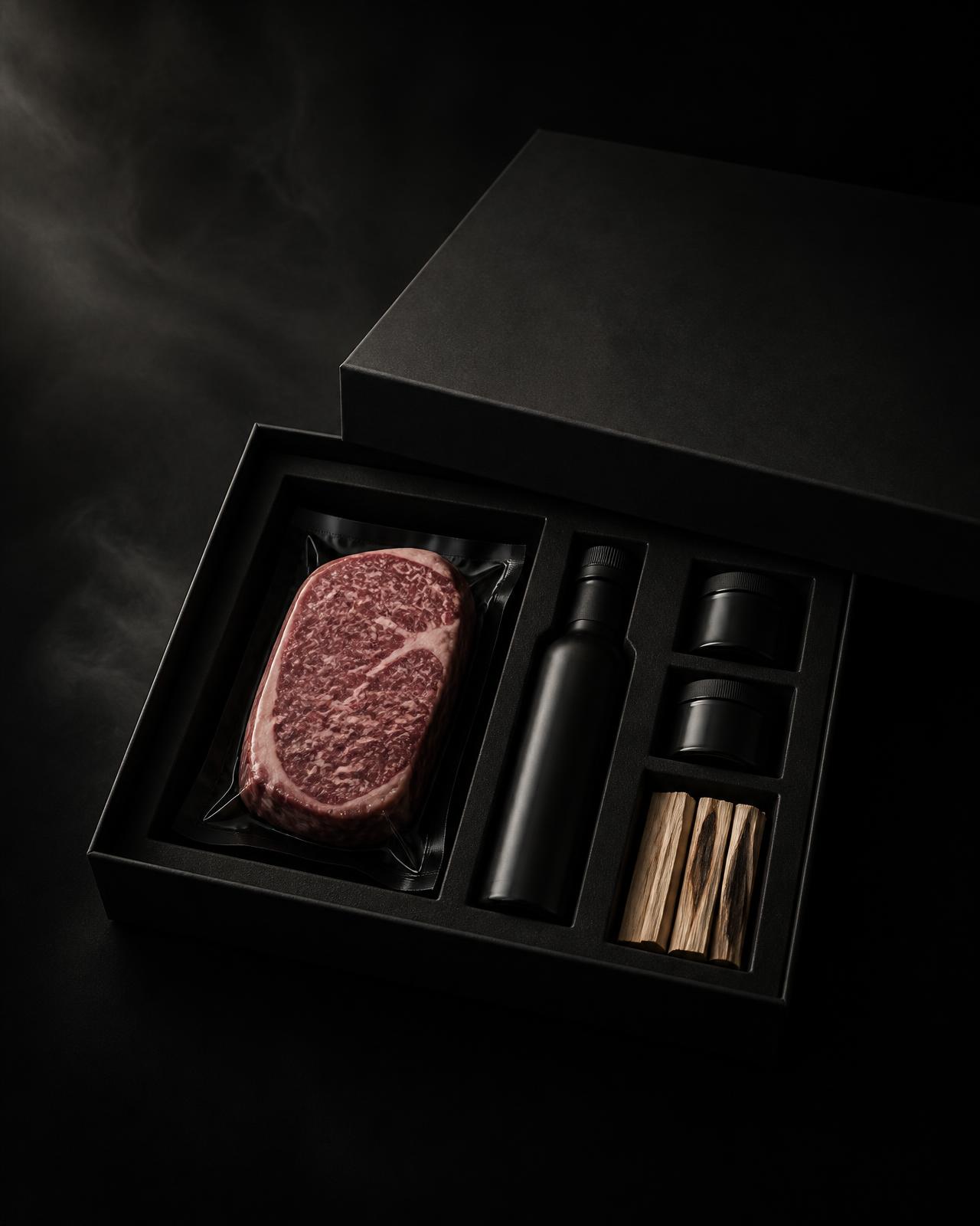 Geöffnete mattschwarze FEUER & FREUNDE Grillbox mit Premium-Fleisch, Sauce, Gewürzen und Grillholz